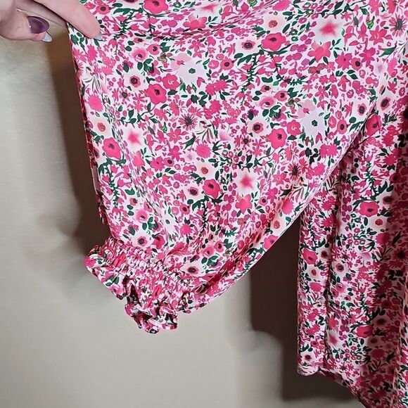 Cynthia Rowley 1X Pink and Green Floral Georgette Peasant Top Blouse - Picture 3 of 8